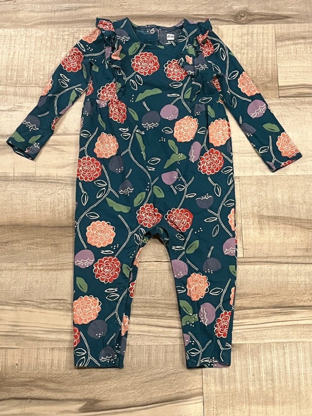 Tea Collection Teal Floral Ruffle Top Long Sleeve Snap Onesie size 12-18 months